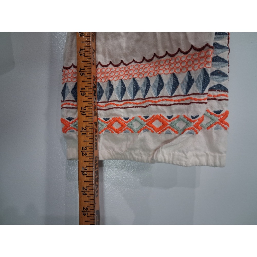 Anthropologie Embroidered Cotton Linen Crop Pants Ivory Orange Blue Women US 0 - Picture 4 of 8